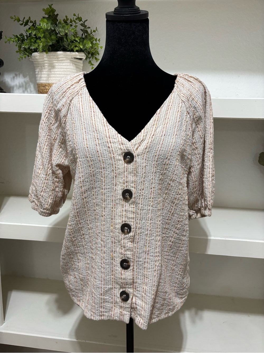 Harper Cream Striped Button-Front V-Neck Blouse